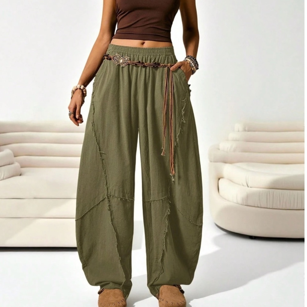 Plus Solid Stretchy Waist Pockets Frayed detail harem genie leg pants